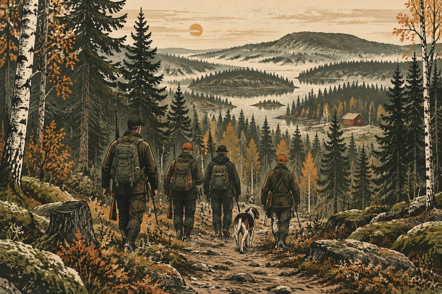 Handritad bild av ett jaktlag med hund på väg genom svensk höstskog
