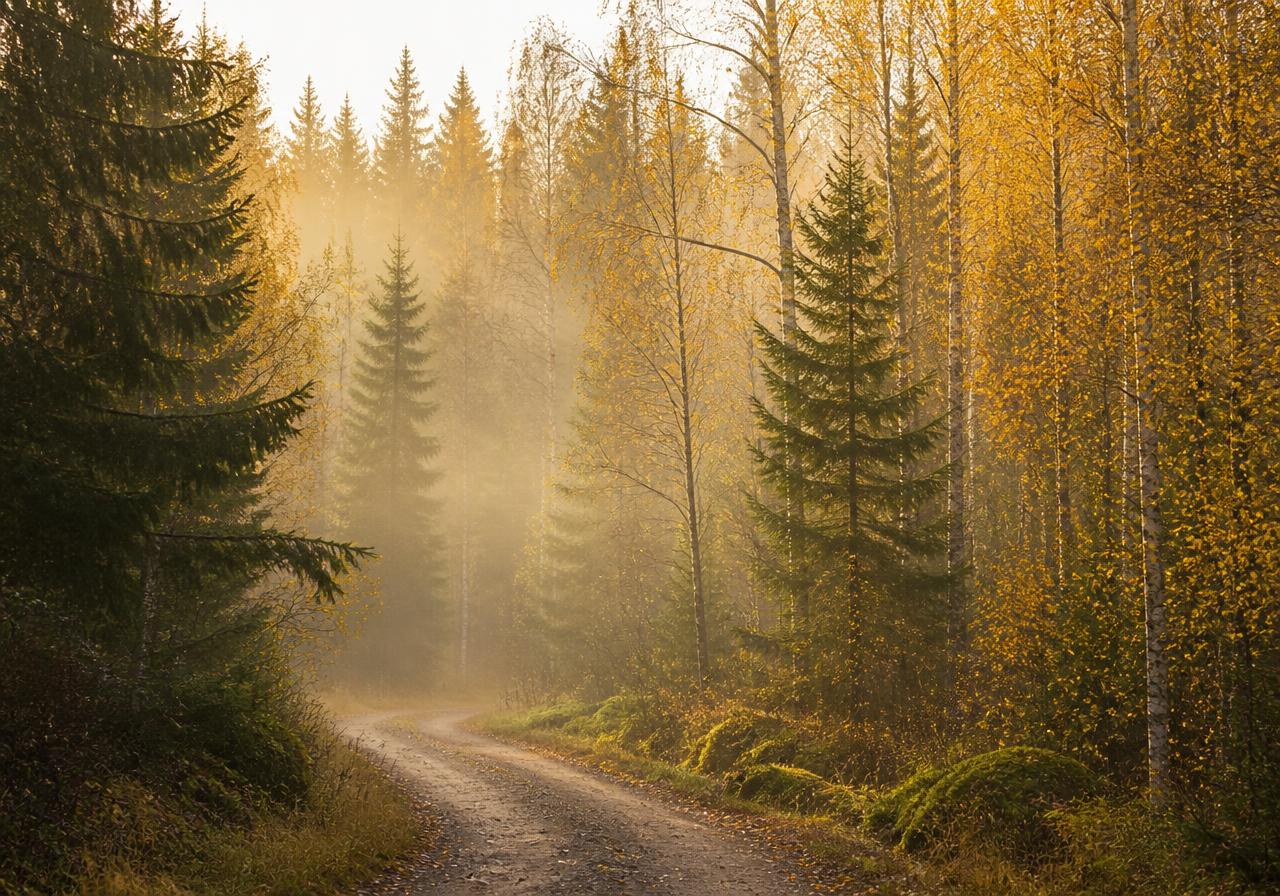 Dimmig skogsväg en tidig oktobermorgon i svensk granskog